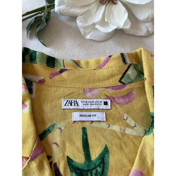 Zara Mens Yellow Hawaiian Shirt Art-Inspired Print Regular Fit Linen Medium - Picture 6 of 7